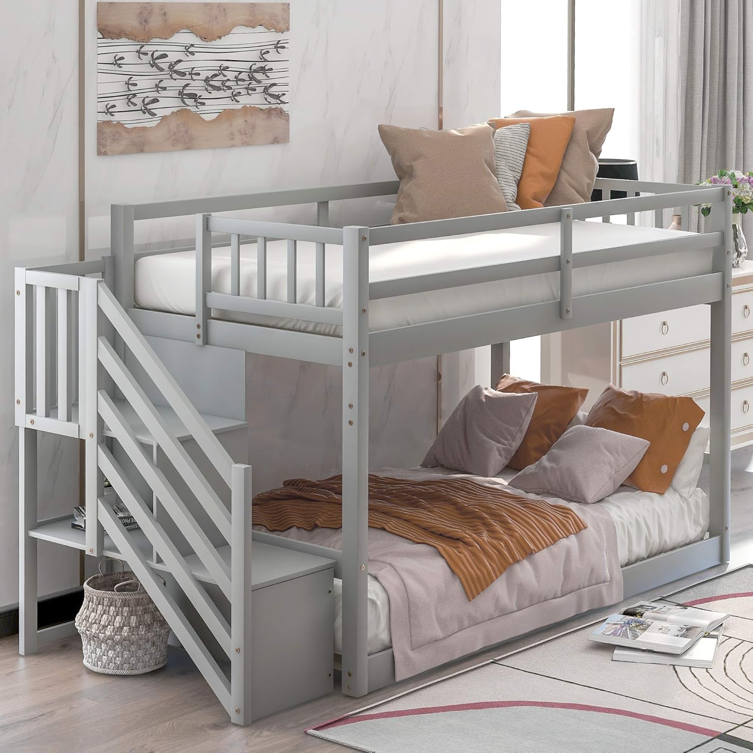 Wood Bed Twin Over Twin Floor Bunk Bed, Ladder with Storage, Gray