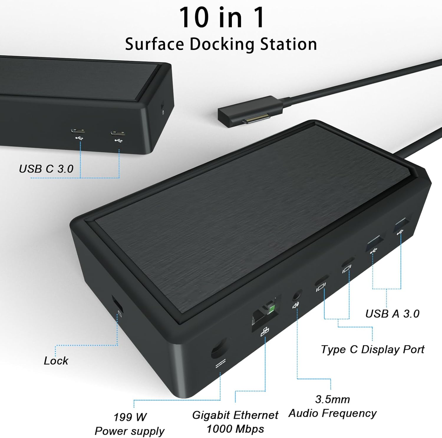 Surface Dock 2,Surface docking Station 2 with 199W Power Supply, Double 4K@60HZ Display Ports, Gigabit Ethernet,3.5mm Audio Output,2 front-facing USB-C,2 rear-facing USB-A