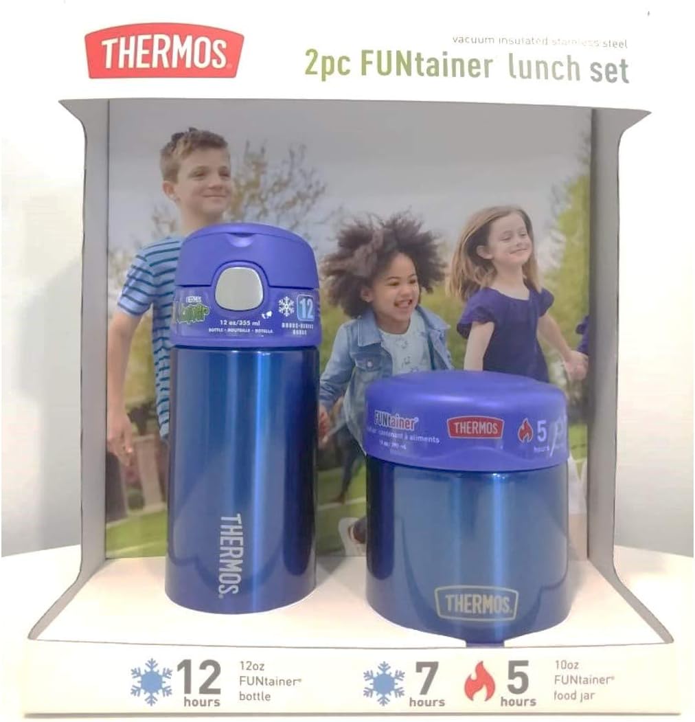 Thermos FUNtainer Lunch Set Bottle and Food Jar for Kids BPA Free Dishwasher Safe, 2 PC (Blue, 2 PC Set)