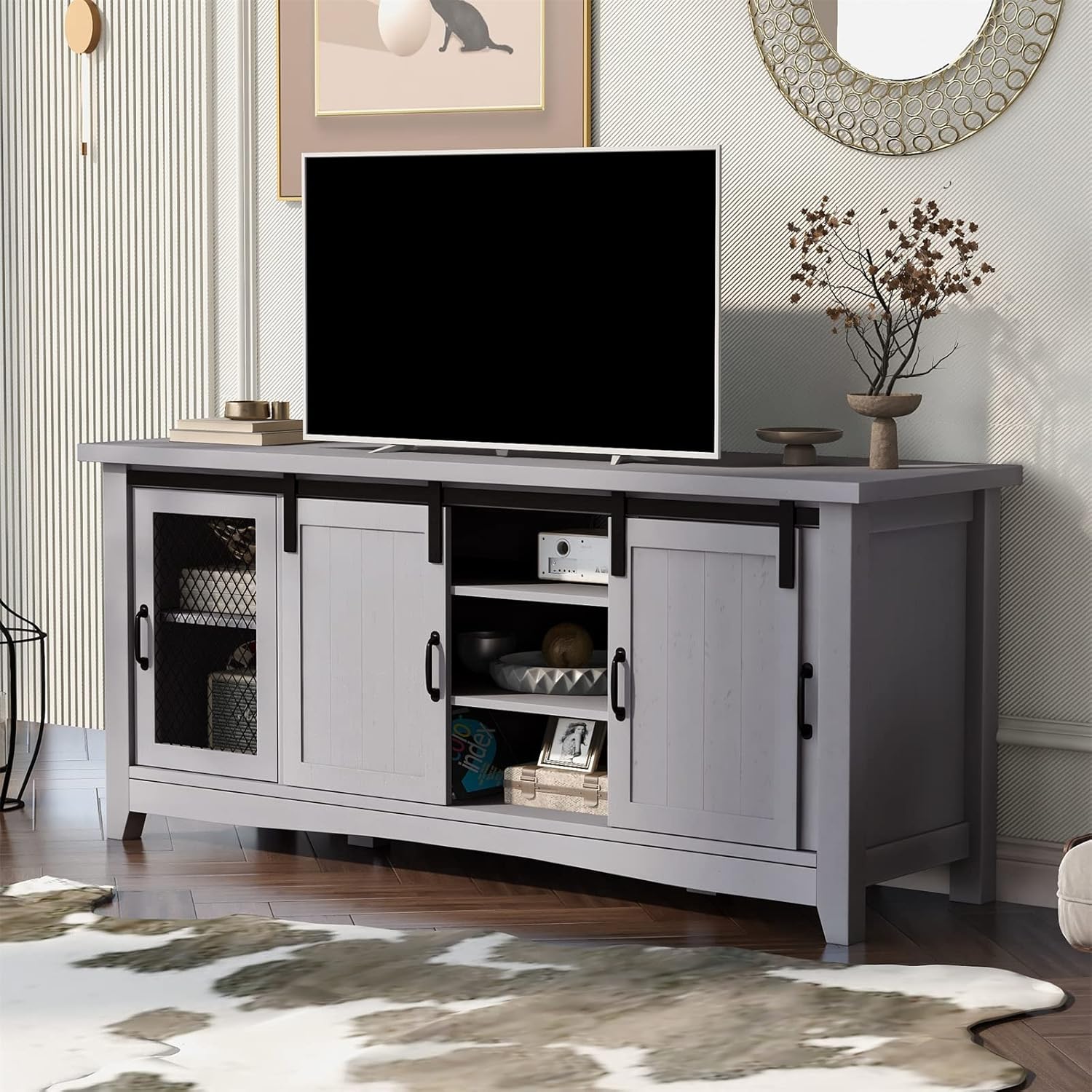 U-Can TV Stand for TV up to 65in with 2 Barn-Style Doors Adjustable Panels Open Style Cabinet, Sideboard for Living Room, Gray