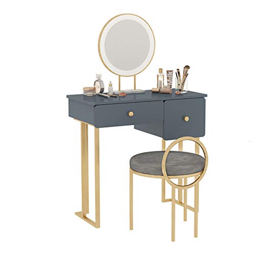 Vanity Table Set with Lighted LED Touch Screen Dimming Mirror Mini Makeup Dressing Table Furniture with 2 Sliding Drawers 1 Cushioned Stool for Bedroom Bathroom 60CM
