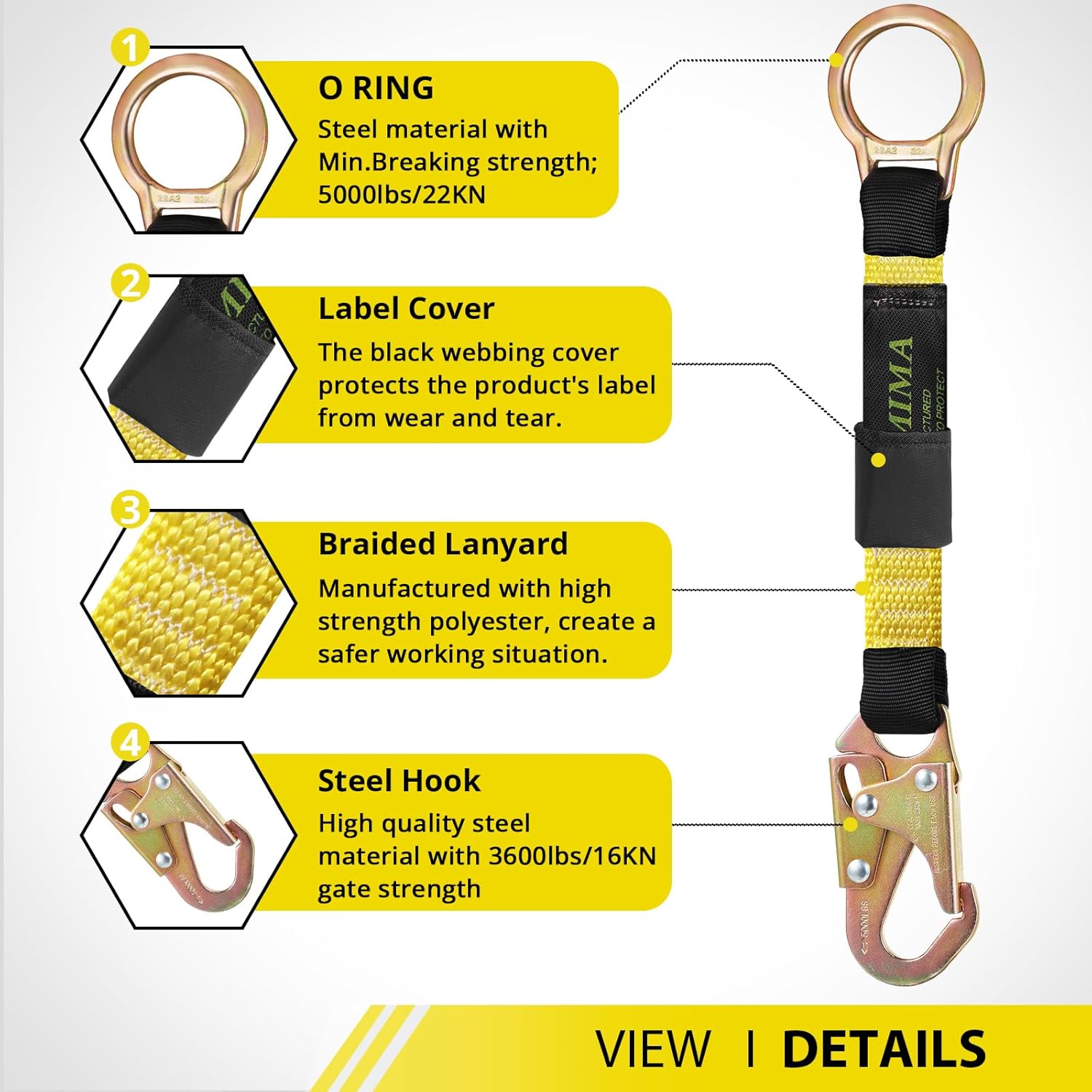 TRSMIMA Safety Harness Extension Lanyard - 18”D-ring Extender Fall Protection Arrest System with Snap Hook Connector Ring ANSI Compliant