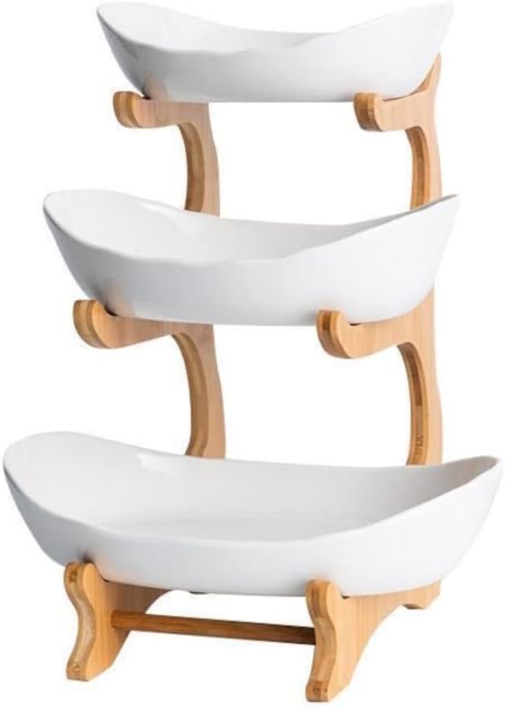 3 Tier Ceramic Fruit Bowl with Bamboo Wood Stand for Kitchen Counter, Fruit Bowl Basket with Holder Detachable Serving Tray, Dessert, Fruit,Cake, Candy Ceramic Storage Holder Set - White