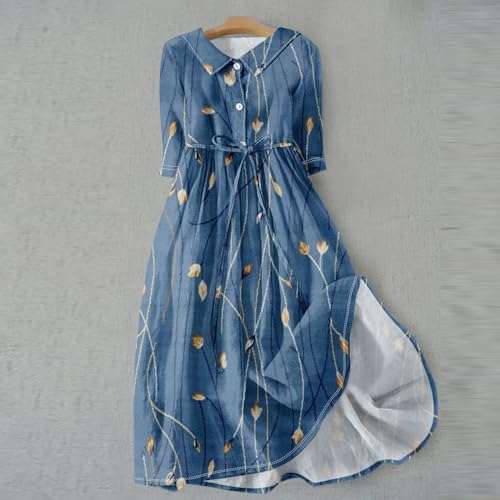 Boho Dresses for Women 2024 Summer Linen Floral Dresses Lapel Collar Button Lace-Up A Line Casual Flowy Beach Dress