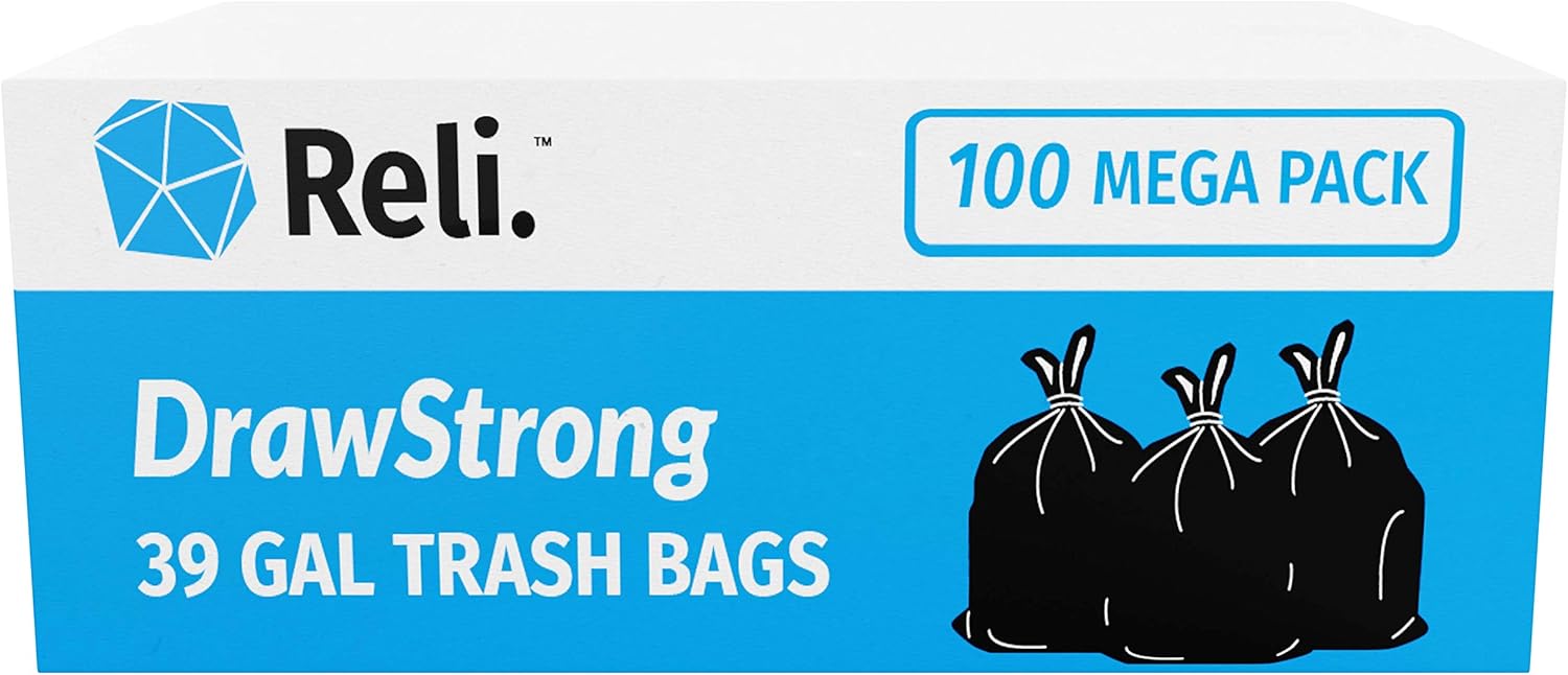 Reli. 39 Gallon Trash Bags Drawstring (100 Count) Large 39 Gallon Heavy Duty Drawstring Trash Bags - Black Garbage Bags 39 Gallon Capacity, Lawn Leaf (39 Gal)
