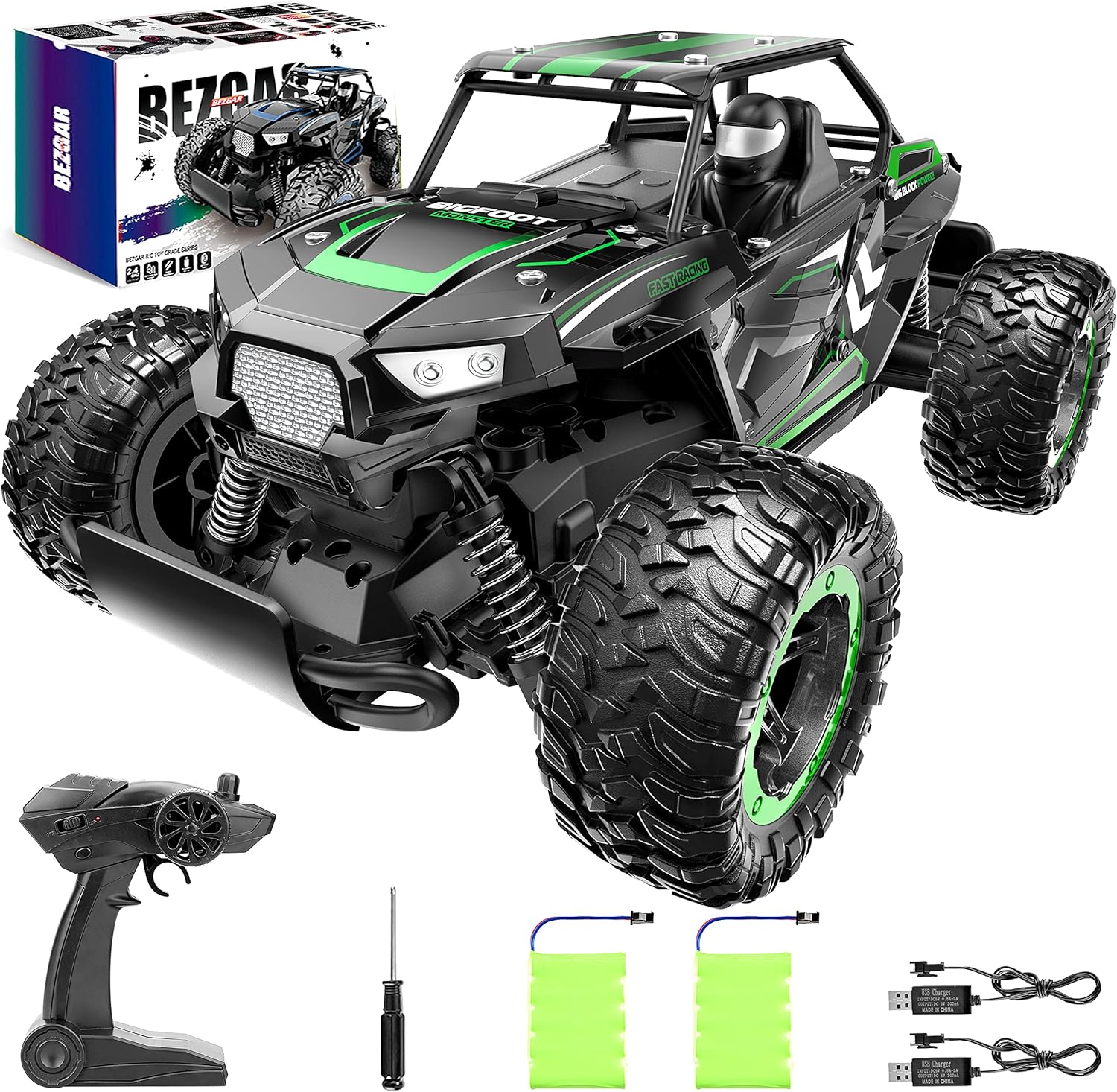BEZGAR TB142 Remote Control Car - 1:14 Scale RC Cars, 20 Km/h 2WD All-Terrains Electric Off-Road Vehicle Truck Crawler Toy with Two Rechargeable Batteries for Boys Kids and Adults