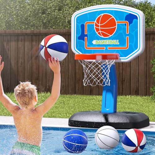 Pool Basketball Hoop Poolside, Pool Toys with Adjustable Height/4 Balls/2 Nets/Pump for Indoor Outdoor, Swimming Pool Summer Water Games Gifts for Kids Boys Girls