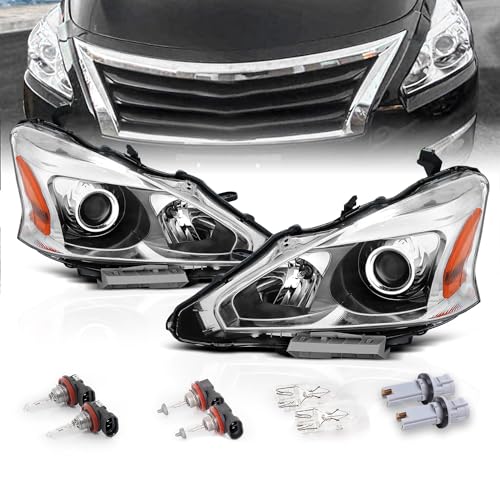 AmeriLite for 2013-2015 Altima 4Dr Sedan Projector Chrome Housing Halogen Replacement Headlights Assembly Pair - Driver and Passenger Side