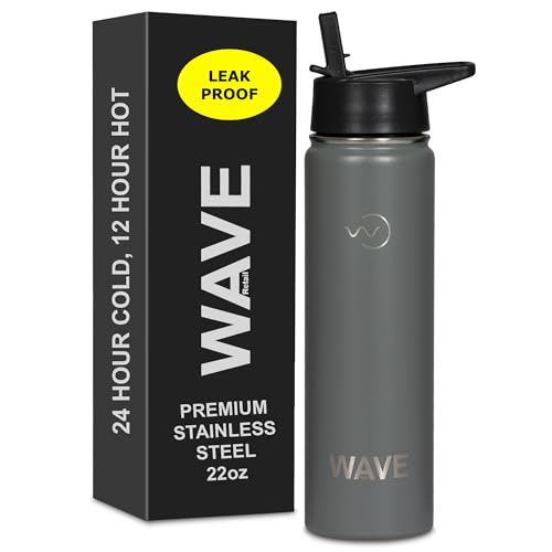 Leak Proof Water Bottle with Straw 22oz | Insulated Double Walled Stainless Steel Metal Thermos Bottles for Men, Women & Kids | Reusable Sports BPA Free Flask for Gym Sports | Wave Retail | Gray