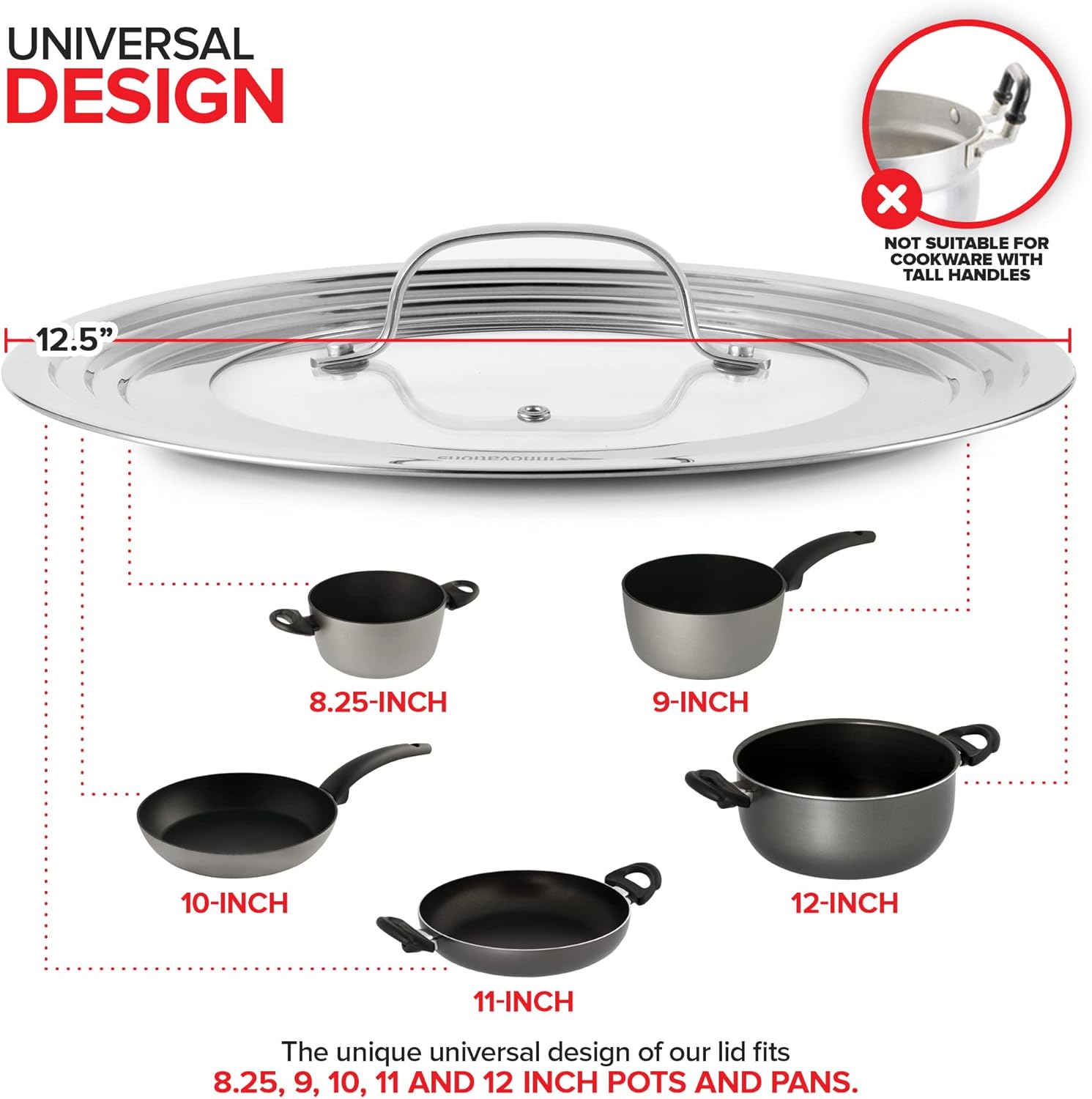 Modern Innovations Universal Lid with Tempered Glass Top for Pots & Pans, Fits 8.25, 9, 10, 11, and 12 Inch Cookware - Large Replacement Frying Pan Cover, Cast Iron Skillet Lids - Stainless Steel