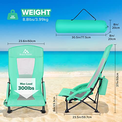 Brace Master Beach Chair with Umbrella, Camping Chair, High Back Sand Chairs, Foldable Mesh Back Design with Cup Holder & Cooler & Phone Bag for Camping, Beach, Picnic（Green 2 Packs）