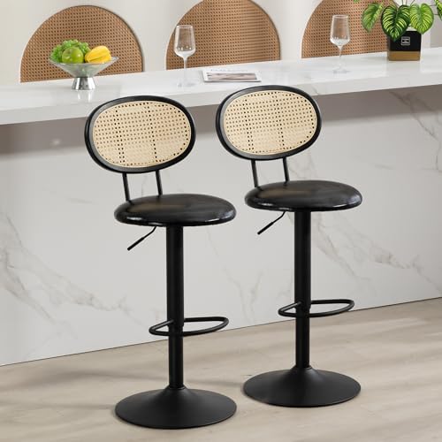 Finnhomy Modern Rattan Bar Stools Set of 2 - Natural Woven Design, Swivel Seat, Footrest, and Cane Backrest, Height Adjustable Bar Chairs for Kitchen Counter and Dining Room, Boucle Black