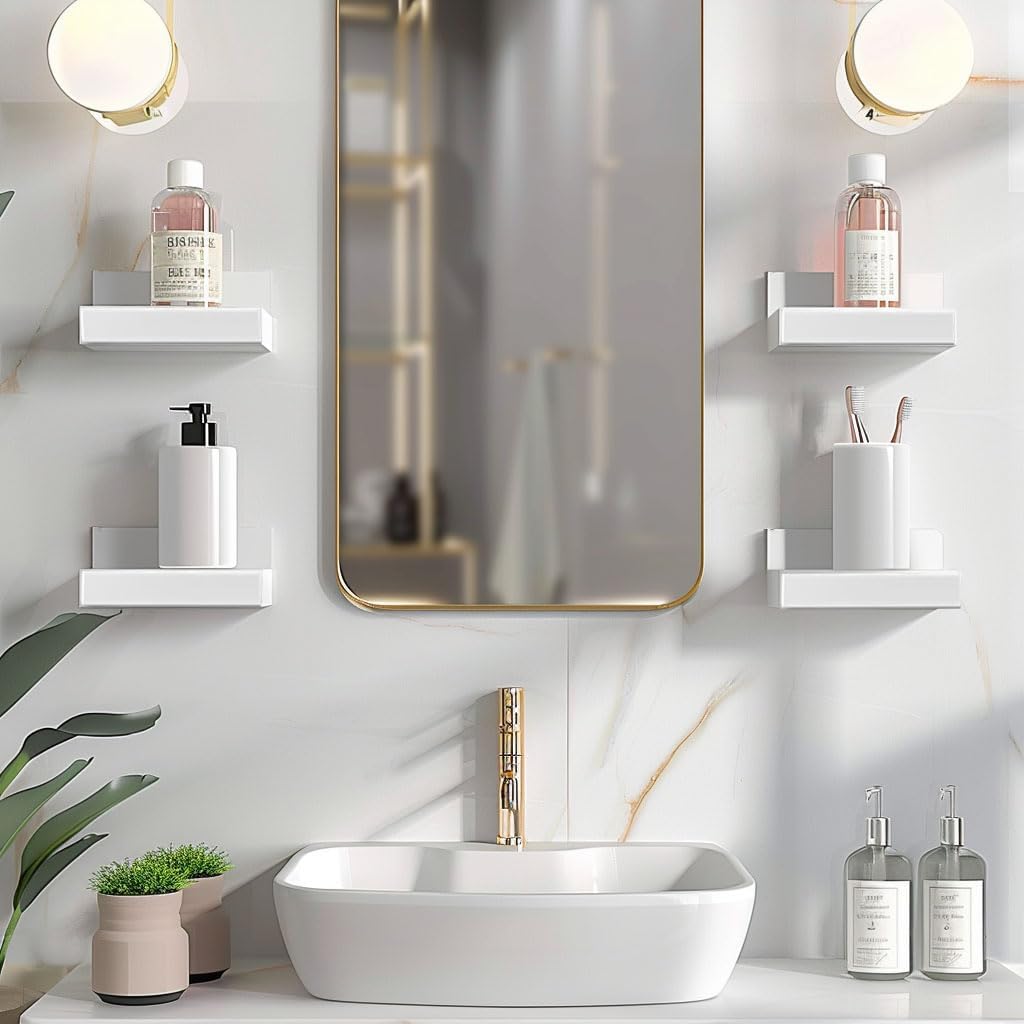 Small Wall Shelf for Decor Living Room, 4 Pack Mini Floating Shelves for Picture Photo Display, White Wall Mounted Storage Shelf for Pop Figures, 2 Types of Installation.(Adhesive or Screw)