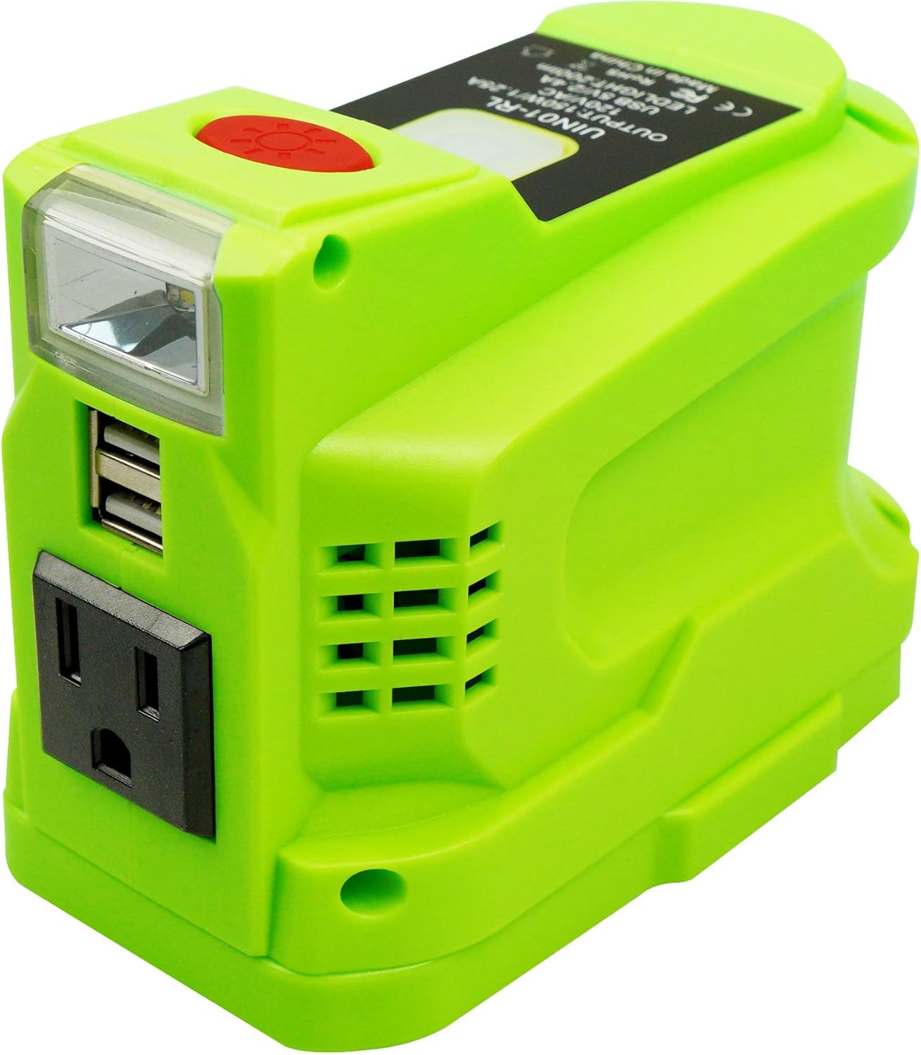 Portable Power Inverter Fit for Ryobi 18V Lithium Battery, Power Generator Inverter150W DC 18V to AC 110V-120V, Battery Inverter Power Station with AC Outlet Dual USB Outlet 200LM LED Light
