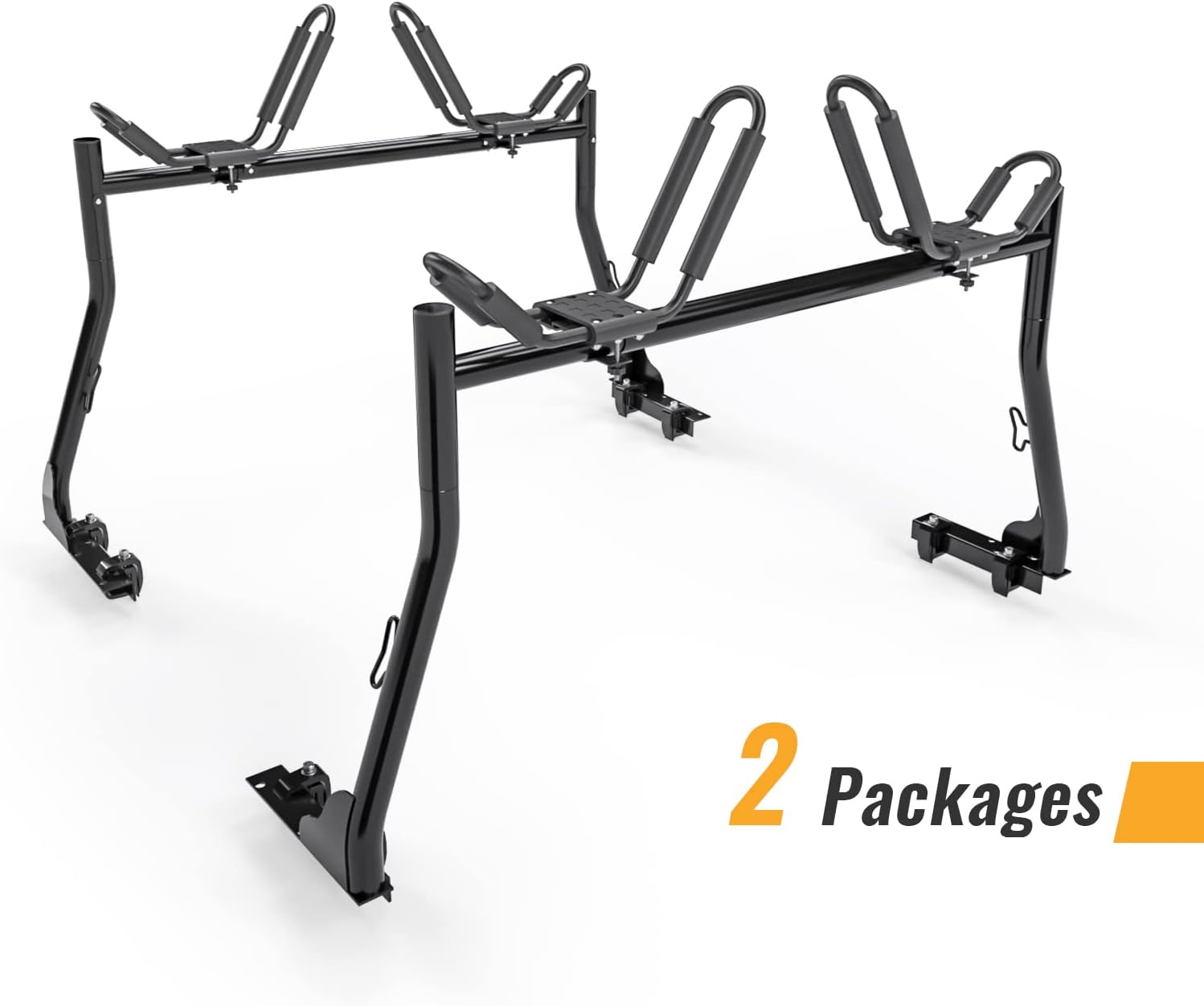 AA-Racks Model X31 Truck Ladder Rack with (8) Non-Drilling C-Clamps and 2 Sets Kayak J-Racks with Ratchet Lashing Straps & Ratchet Bow and Stern Tie Down Straps(2Packages)