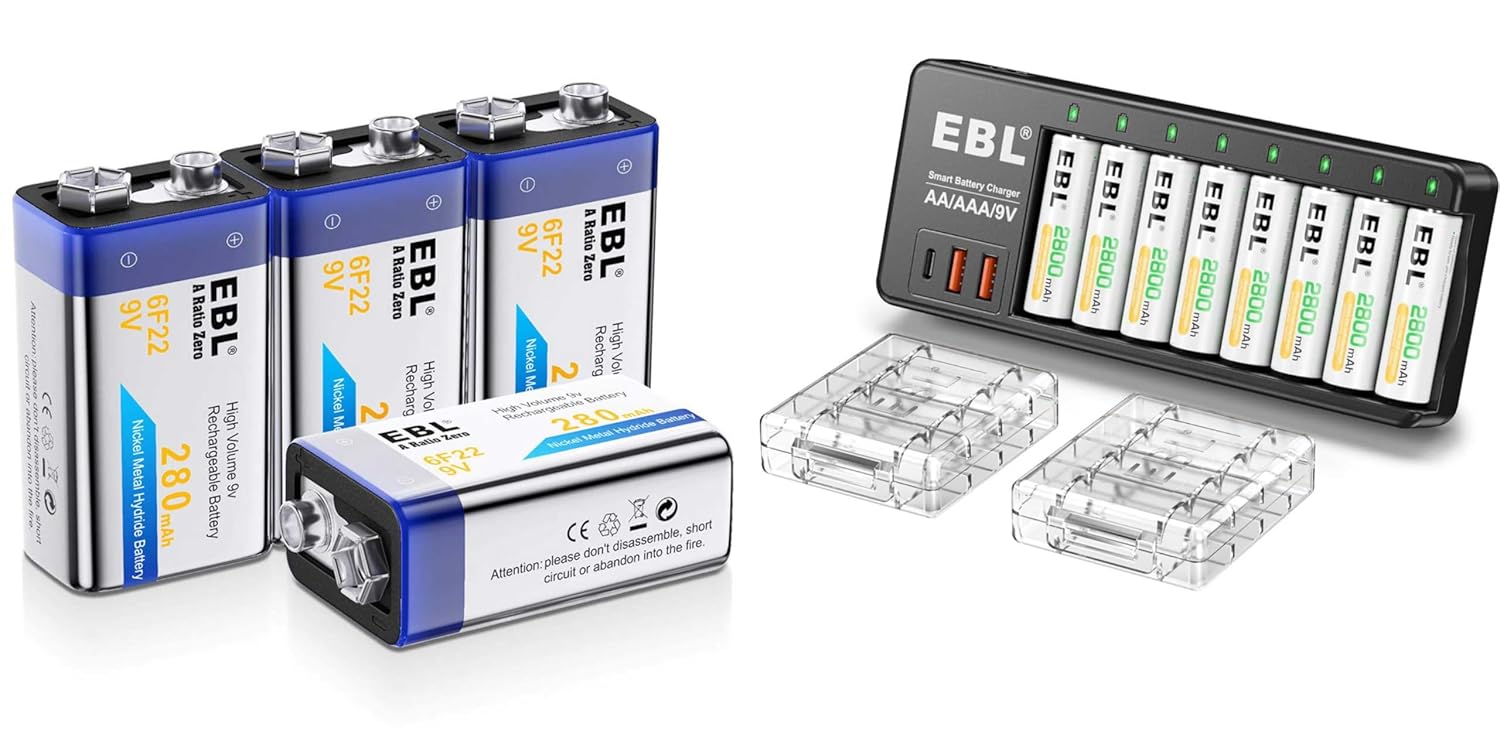 EBL 9v rechargeable batteries & aa chargeable batteries with AA AAA 9V Individual Battery Charger