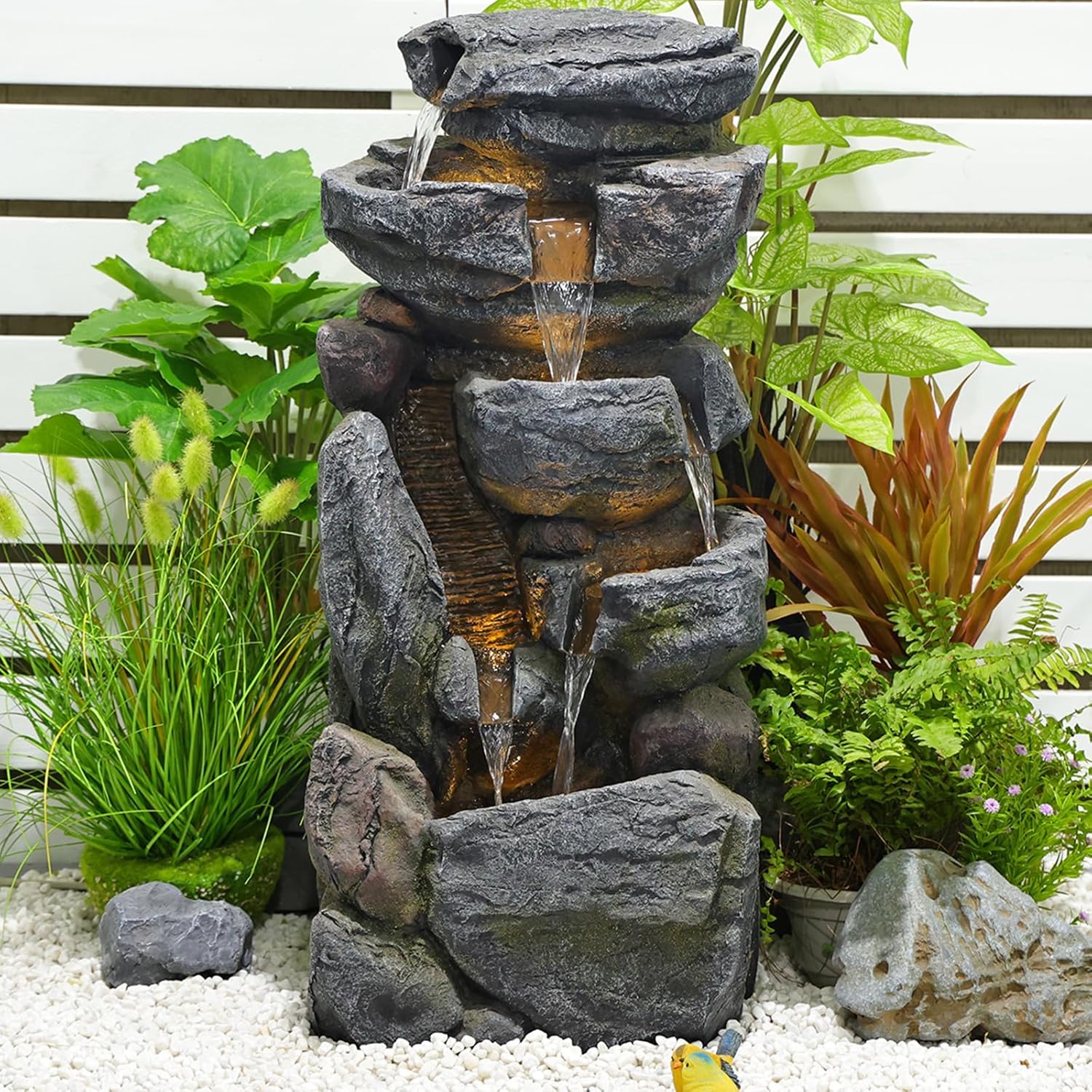 5-Tiered Rock Water Fountain Outdoor Garden - 31.5”Waterfall Fountain Outdoor Water Fountain with Light Cascading Waterfall for Patio,Garden,Grey,Resin Fountain