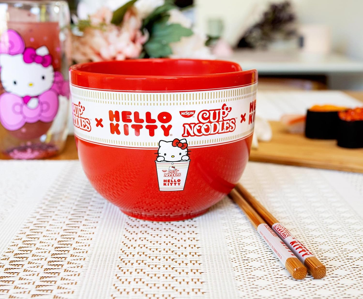 Silver Buffalo Sanrio Hello Kitty x Nissin Cup Noodles Red Ceramic Dinnerware Set | Includes Ramen Noodle Bowl and Wooden Chopsticks