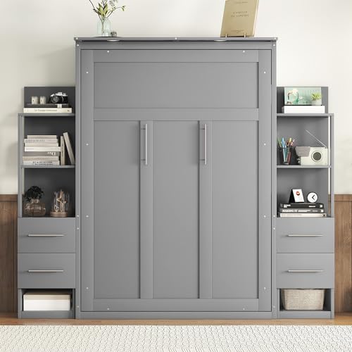 Modern Full Size Murphy Bed Wall Bed with Drawers, Shelves and LED Lights, Muti-Functional Designed for Home Office (Gray)