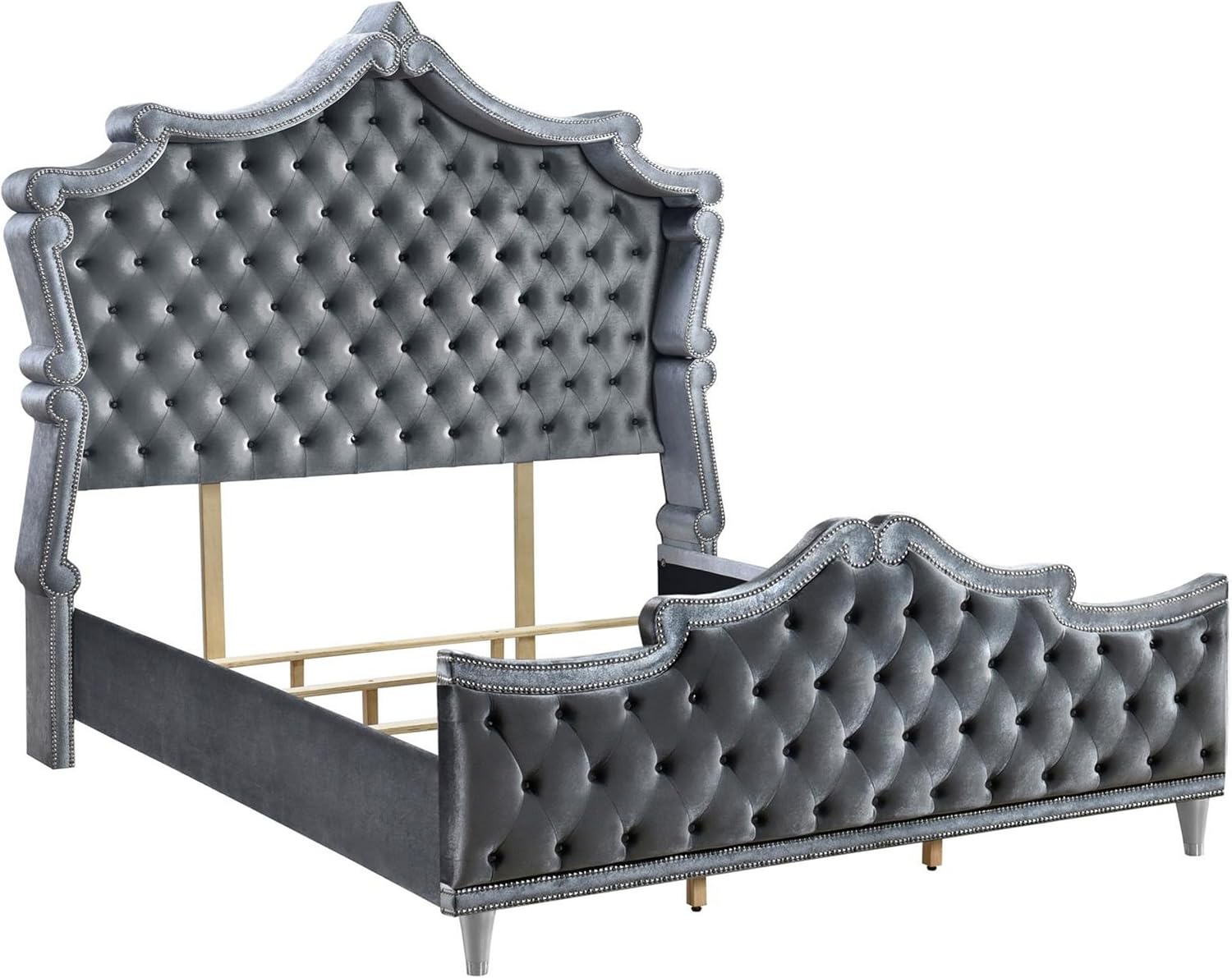 Benjara Ola Queen Size Bed, Cushioned Classic Trim, Button Tufted Gray Upholstery