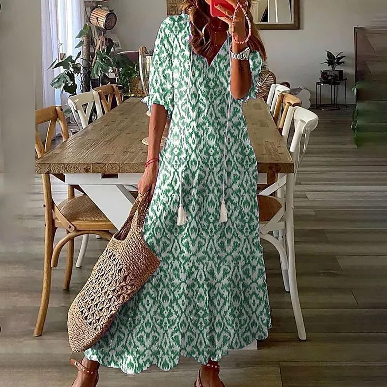 Summer Dresses for Women 2024 Boho Floral Dresses Casual Short Sleeve Flowy Maxi Dress Loose Beach Long Dresses Sundresses