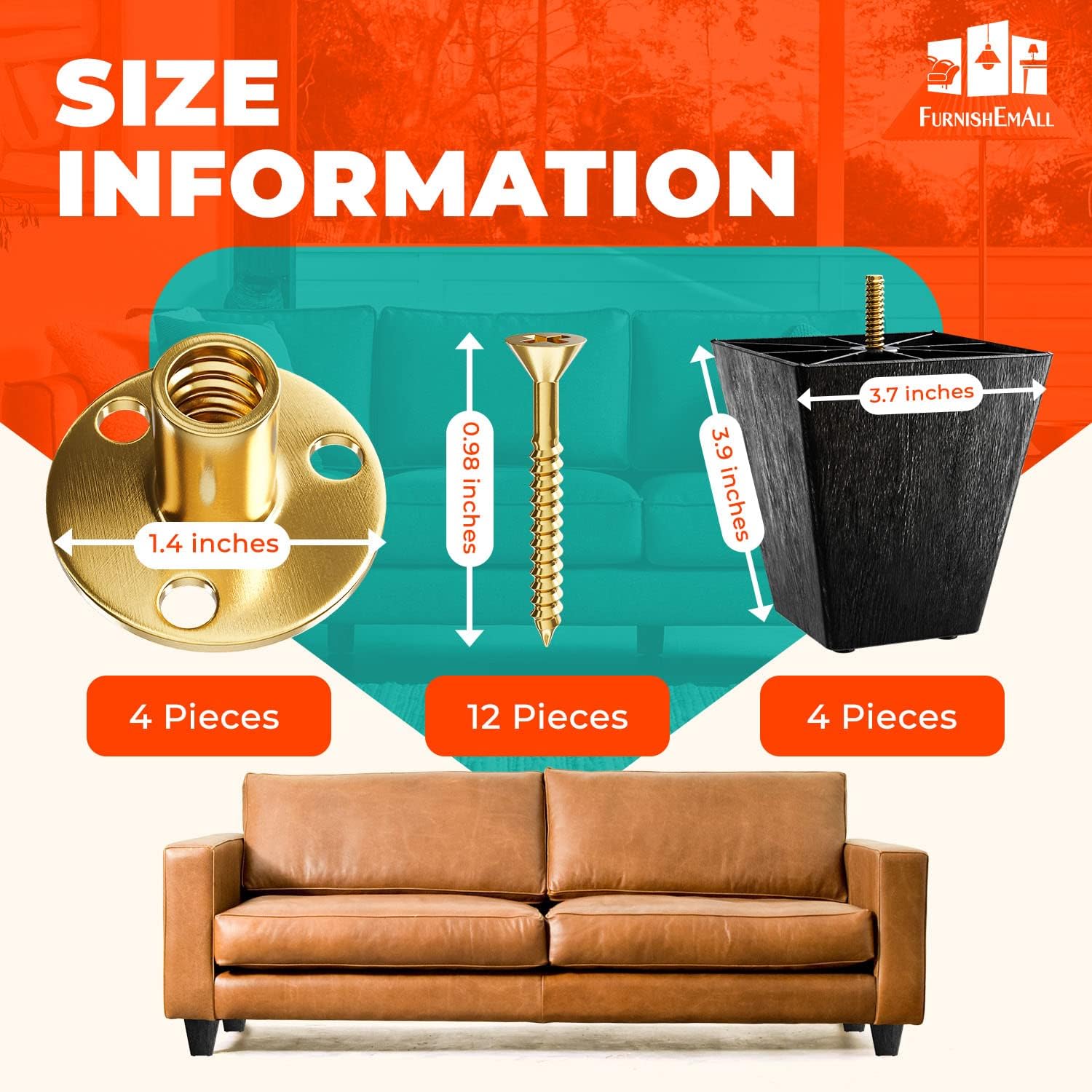 4-Inch Plastic Legs for Furniture| Set of 4 Square Black Replacement Feet for Chair, Dresser, Ottoman, etc. | Modern Style Couch Legs with M8 Hanger Bolts | Black Sofa Furniture Legs