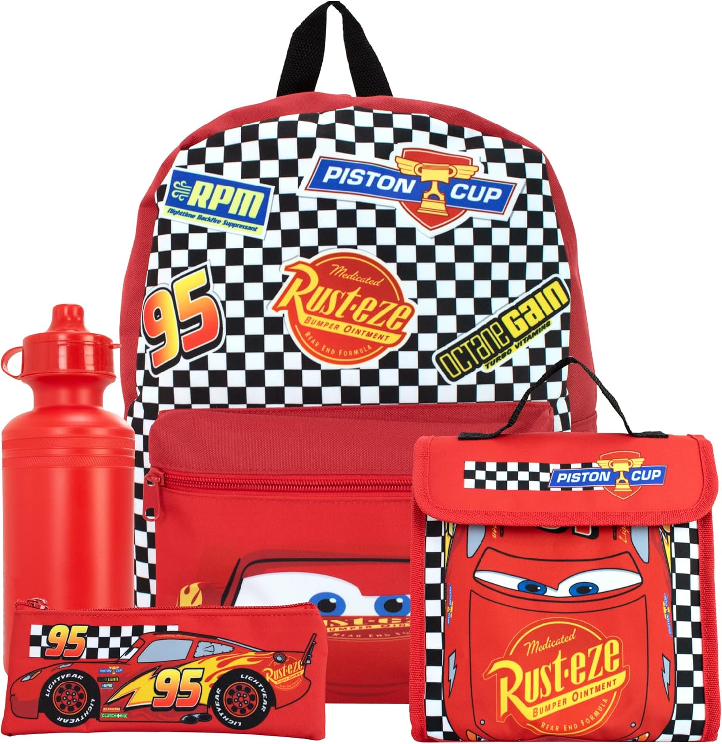 Disney Cars Backpack Set 4 Piece | Lightning McQueen Backpack Pencil Case Water Bottle and Lunch Bag | Children's Backpacks For School And Adventures | Official Cars Merchandise