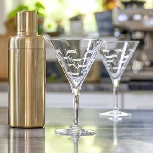 Rolf Glass School of Fish Martini Glass | Stemmed 7.5 oz. Martini Glasses | Lead-Free Glass | Diamond-Wheel Engraved Cocktail Glasses | Made in the USA (Set of 2)