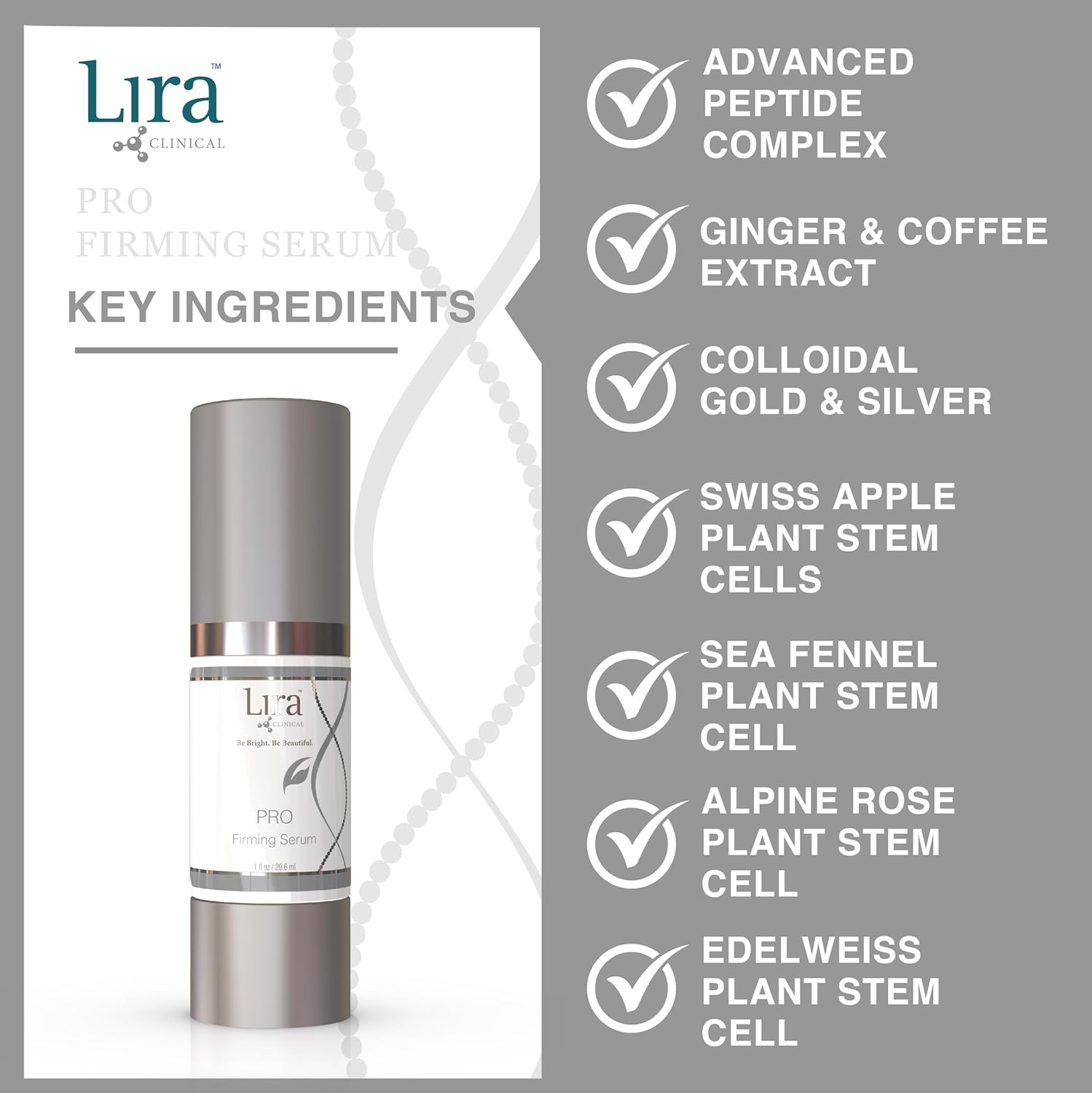 Lira Clinical PRO Firming Serum - Tightening Serum for Face - Corrects Lines & Wrinkles - With Botanicals, PSCs, Peptides, Gold & Silver - Brightening for Normal, Sensitive, Dry Skin - 1 fl oz