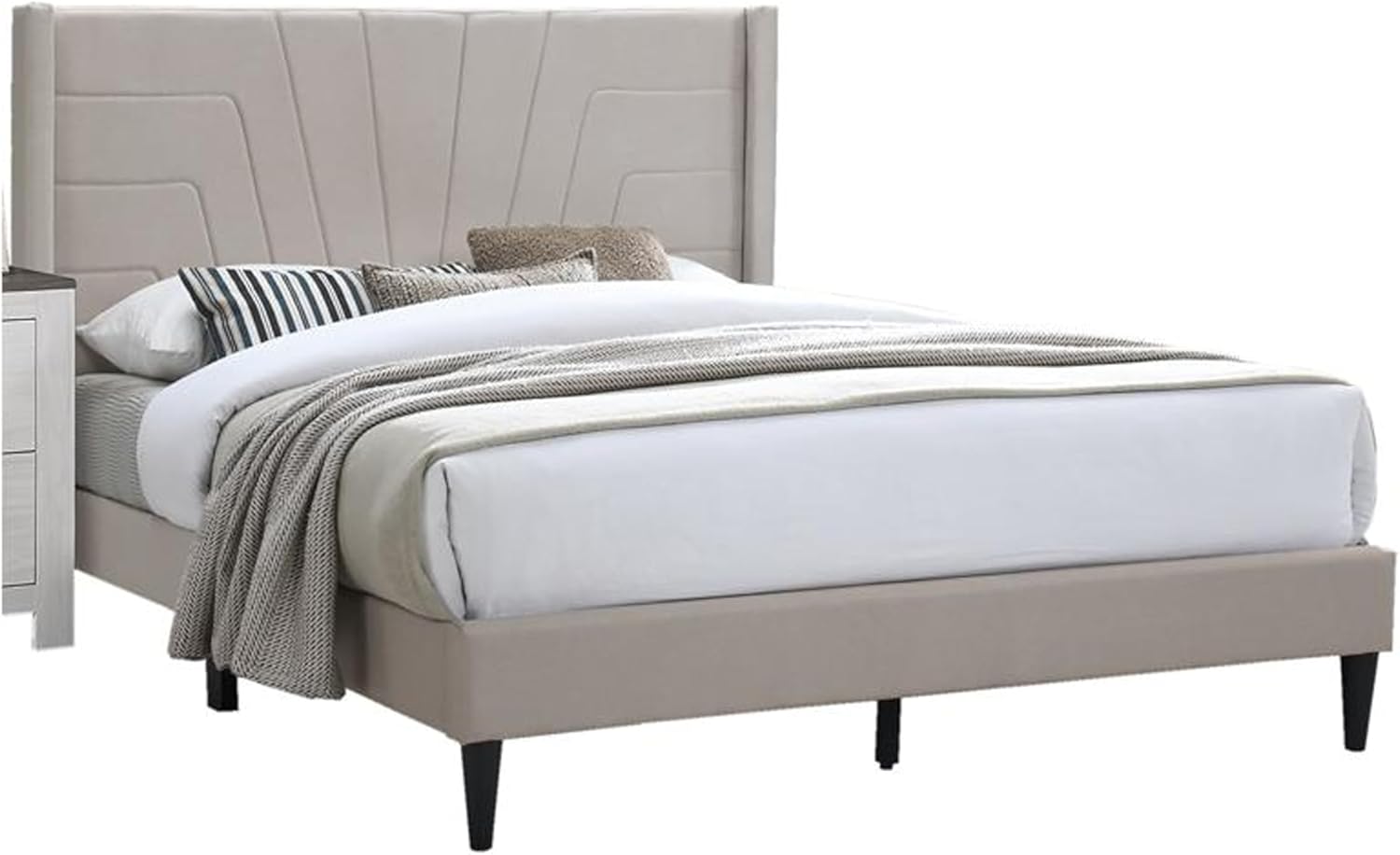 Benjara Kopa Queen Size Bed with Tufted Headboard Burlap Upholstery and Wood, Brown and Black