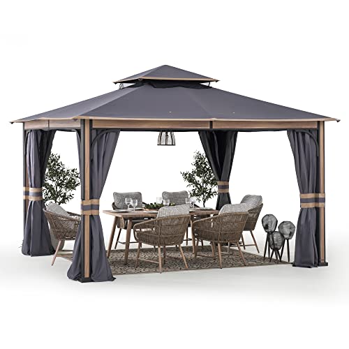 Sunjoy Montery Outdoor Patio 10 x 13 ft. Powder-Coated Steel Frame 2-Tier Soft top Gazebo with LED Lighting and Bluetooth Sound by SummerCove, Gray