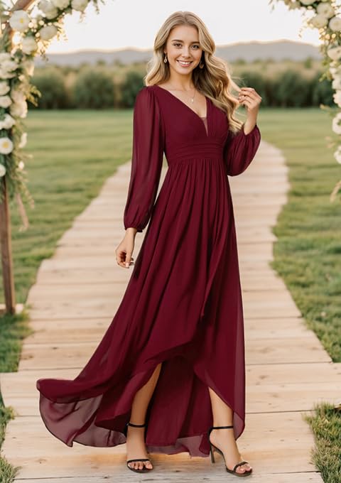 Ever-Pretty Women's Fall Lantern Sleeve A Line High Low Bridesmaid Dresses 02043