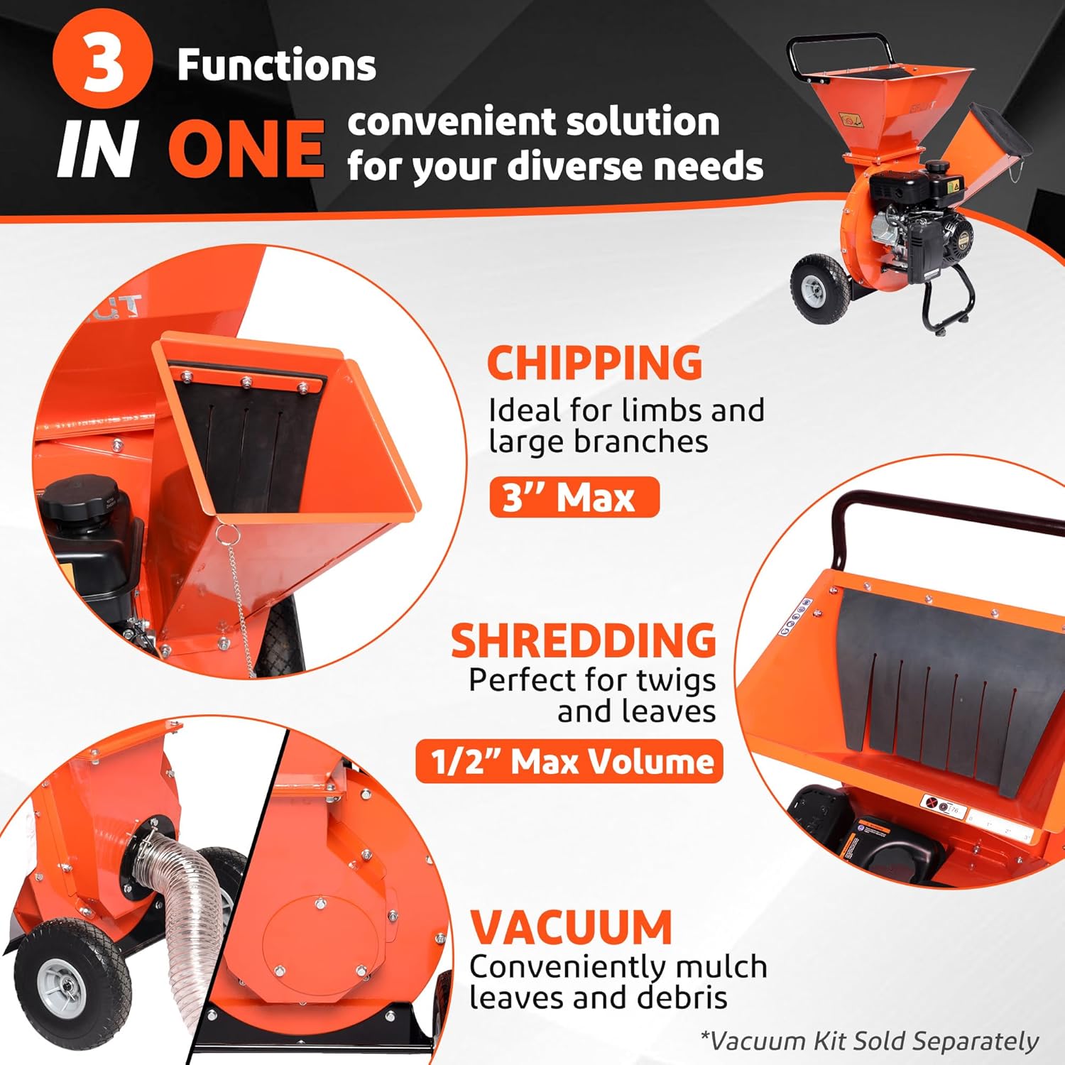 3-in-1 Multi-Function Wood Chipper Shredder Mulcher + Blade Repacements (2 Sets)