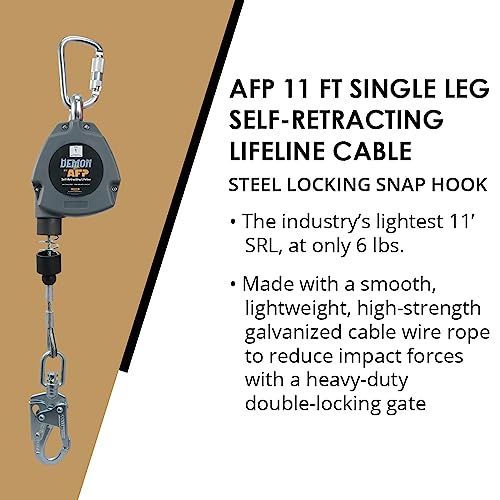 AFP Demon 11 FT Single Leg Self-Retracting Lifeline Cable Retractable | Steel Locking Pelican Rebar Hook | Safety Yoyo Fall Protection Arrest Limiter | Construction Industrial | OSHA & ANSI Rated SRL