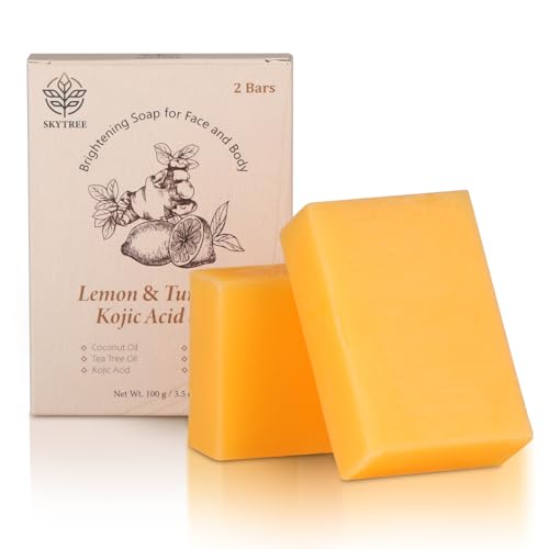 Lemon Turmeric Kojic Acid Soap for Hyperpigmentation,Turmeric Soap for Dark Spots,with Lemon Oil, Tea Tree Oil, Shea Butter, Papaya, Vitamin C, for Face & Body, 2 Bars