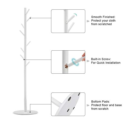 Vicllax Free Standing Coat Rack 8 Hooks Wood Clothes Hanger Stand Coat Tree (White)