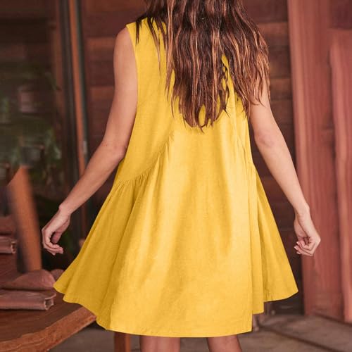 Womens Summer Sleeveless Mini Dress Casual Loose V Neck Sundress Trendy Pleated Dress Boho Beach Vacation Sun Dress