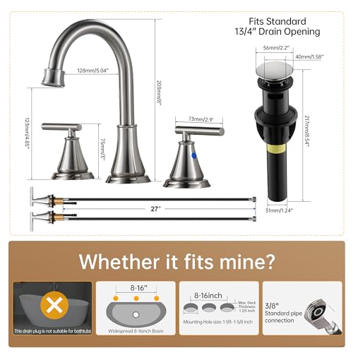 Fransiton 8 Inch Widespread Bathroom Sink Faucet 3 Hole, Brushed Nickel Bathroom Faucet with Metal Pop-Up Drain Assembly, Bathroom Vanity Faucet, 2 Handle and cUPC Faucet Supply Hoses for Sink
