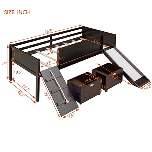 Low Loft Bed with Slide and Two Storage Boxes, Chalkboard, Wood Twin Size Loft Bed with Climbing Frame and Rope (Espresso, Loft Bed),Modern Style, xx-921