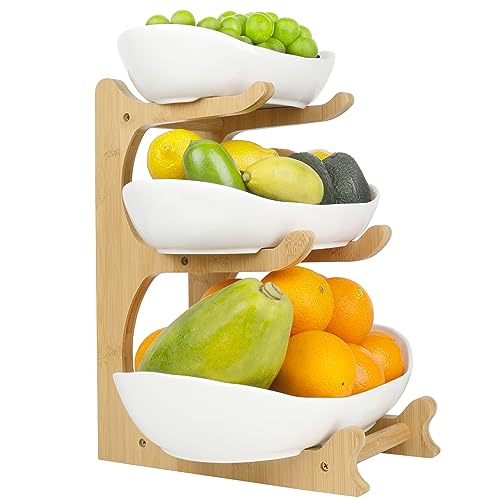 SEVEN SPARTA Fruit Bowl for Kitchen Counter - 3 Tier Ceramic Serving Bowls with Bamboo Stand, Tiered Fruit Basket for Fruit Vegetable Storage, Cake, Dessert, Nuts, Snack, Salad (Dishwasher safe)