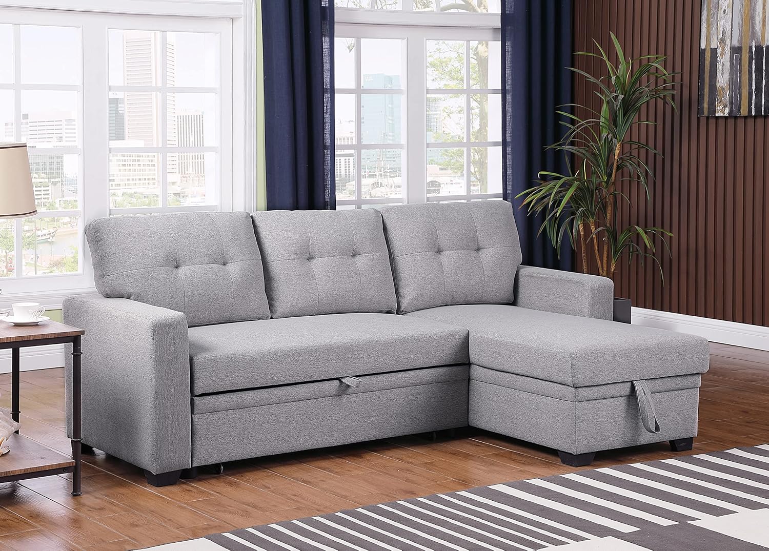 Devion Furniture Lenna Reversible Sectional Sleeper Sofa & Chaise, Light Gray