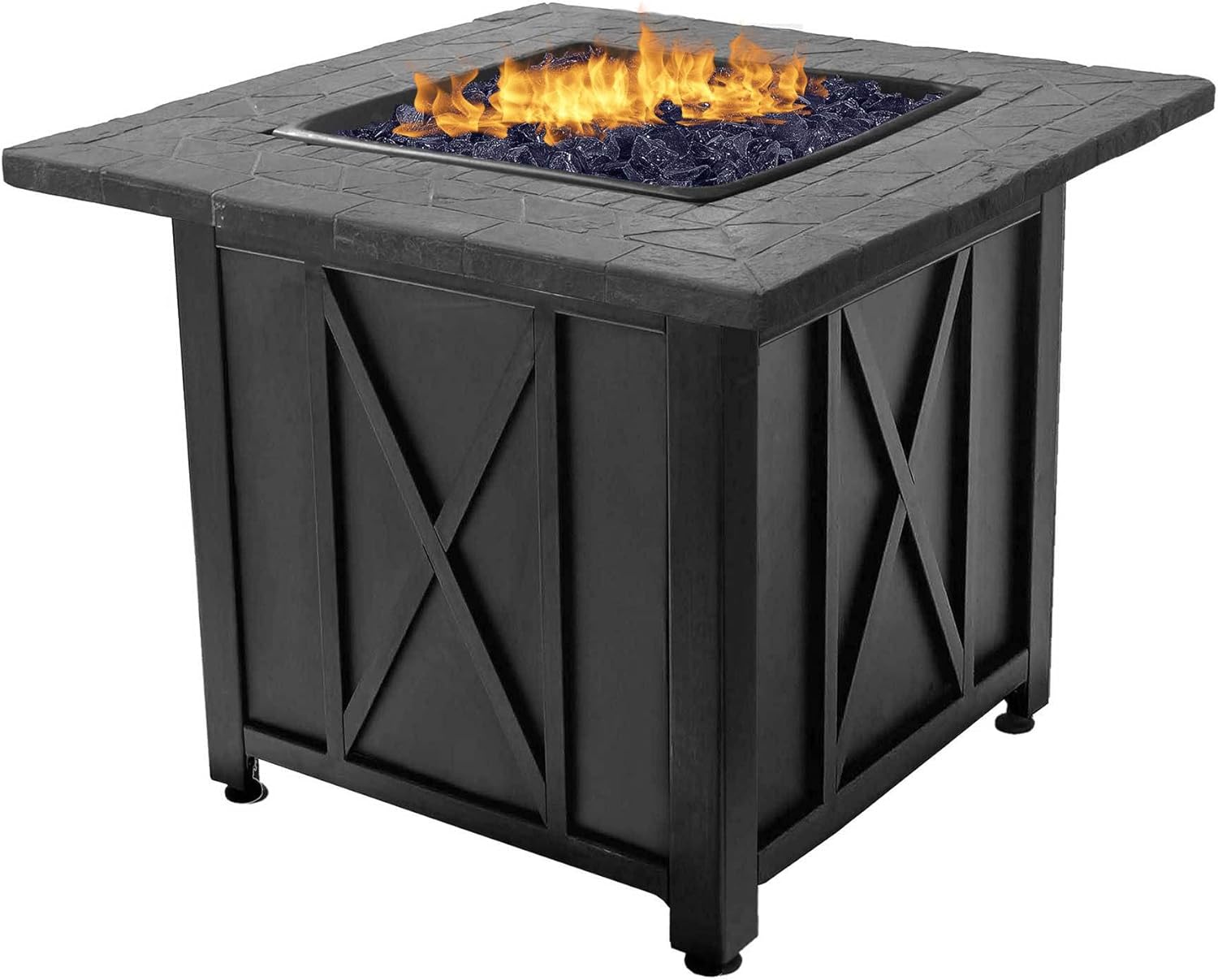 Endless Summer 30 Inch Square 30,000 BTU Liquid Propane Gas Outdoor Fire Pit Table w/Push Button Ignition, Blue Fire Glass, & Steel Fire Bowl, Bronze
