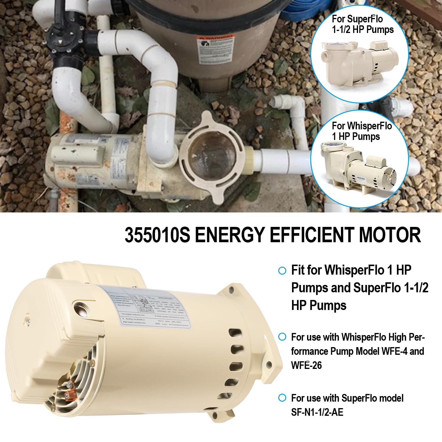 355010S Pool Pump Motor Energy Efficient Pool Pump Replacement Motor Parts for WhisperFlo High Performance Pool Pumps WFE-4 & WFE-26, 1 HP, 115/208-230 Volts, 1 Speed, SF/WF, Square Flange Pool Motor