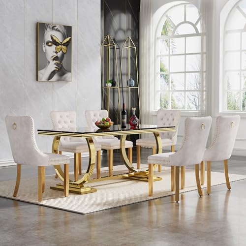 7 Piece Marble Dining Table Set for 6, Luxury White Marble Gold Kitchen Table with 6 Grey Velvet Upholstered Chairs, Modern 6 Person Dining Room Table Set for Kicken Dining Office Room