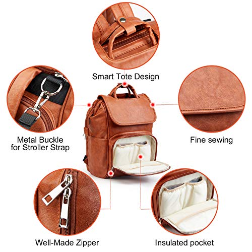 Leather Diaper Bag Backpack with Changing Mat Travel Backpack Waterproof&Insulated Large Nappy Bag Stroller Straps, Brown B, 13.8x8x18 Inch (Pack of 1), Travel Backpacks