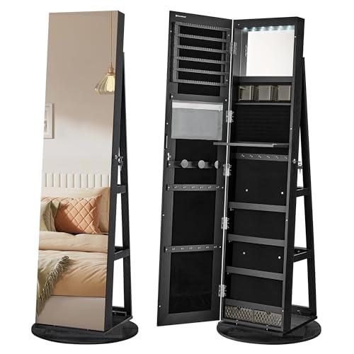 SONGMICS 6 LEDs Lockable Mirror Jewelry Cabinet, 360° Swivel Jewelry Organizer, Standing Jewelry Armoire, Frameless Full-Length Mirror, 3 Storage Shelves, White Surface, Black Lining UJJC007W01