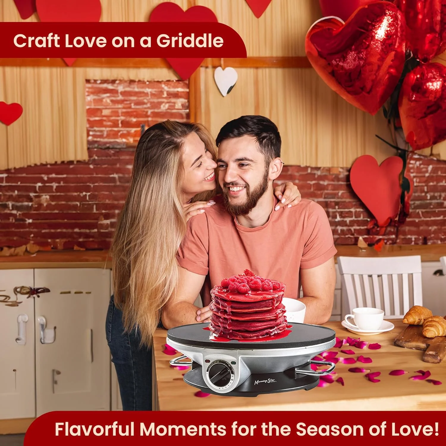 Electric Crepe Maker - Easy Usage With Temperature Knob, Portable, Non Stick - Perfect For Valentine's Day, Pancake, Quesadilla, Roti, Omelette With Batter Spreader