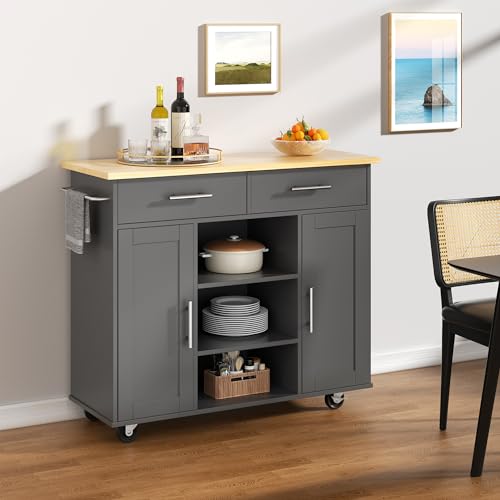 Shintenchi Kitchen Island Cart with Storage,Rolling Kitchen Island Storage Cabinet,Side Table on Wheels with Worktop,3 Open Shelves and 3 Drawers for Kitchen,Dinning Room, Black