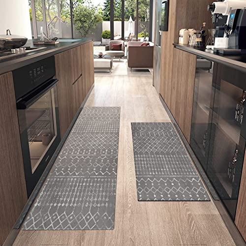 Boho Kitchen Mat Set of 2,Modern Farmhouse Kitchen Rugs and Mats Non Skid Washable,Moroccan Boho Runner Rugs with Rubber Backing for Kitchen Decor and Accessories (Dark Grey 17