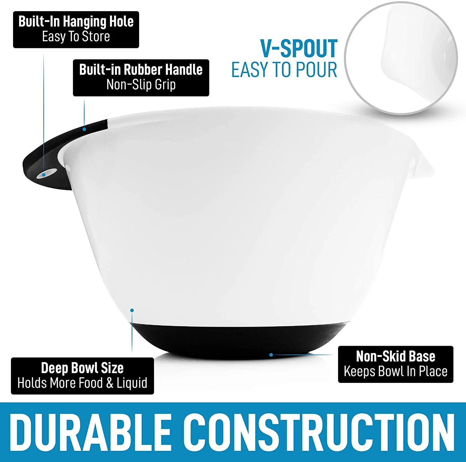 Zulay Kitchen 3-Piece Mixing Bowl Set - Plastic Mixing Bowls With Handles & Non Slip Bottom - Nesting Mixing Bowls With Pour Spout For Baking, Serving, Cooking, Meal Prep & More (White)